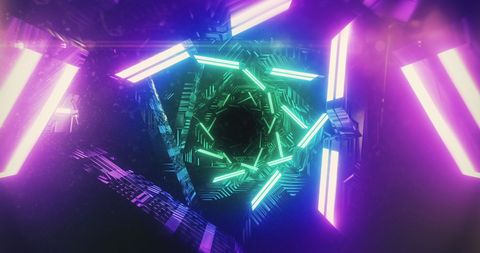 Neon triangular tunnel with glowing light trails