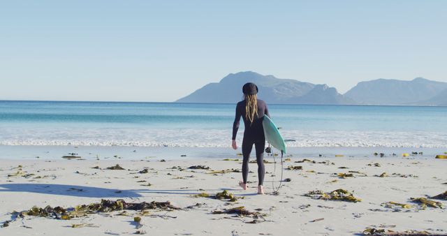 Surfer preparing to enter ocean on sunny beach - Download Free Stock Images Pikwizard.com