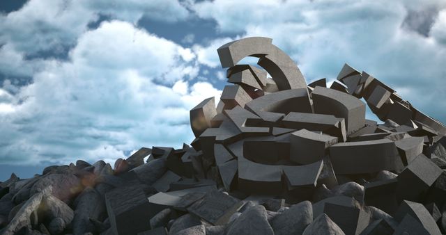 Broken cube structure amidst rocky hill with cloudy sky above creates surreal landscape. Useful for backgrounds, surreal art designs, creative projects, and visual storytelling.