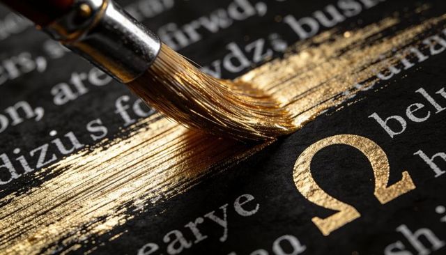 Applying gold paint across omega symbol with brush, macro metallic typography texture