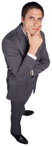 Confident Businessman in Gray Suit Touching Chin Transparent Background