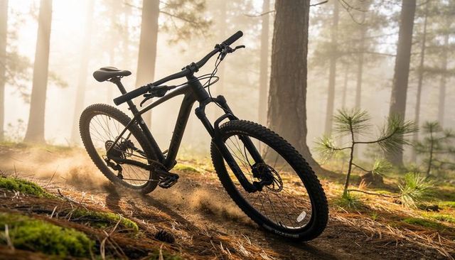 Black mountain bike drifting through misty pine forest singletrack, dust kicking