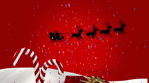Festive Santa Sleigh with Reindeer and Confetti on Red Background