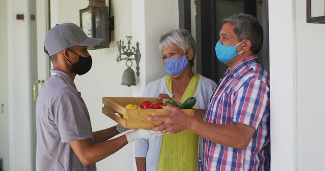 This stock photo showcases an older couple at home receiving groceries from a delivery service during the pandemic. The couple and the delivery person are wearing face masks as a safety measure. Use this visual to represent topics related to COVID-19 safety measures, grocery delivery services, senior citizen care, or contactless delivery during the pandemic.