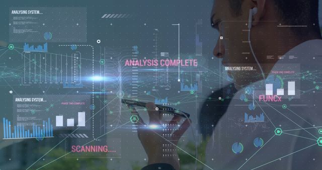 Businessman holds smartphone while engaging with futuristic holographic display showing data analysis. Useful for illustrating modern technology in finance, analytics, mobile computing, and business intelligence contexts.