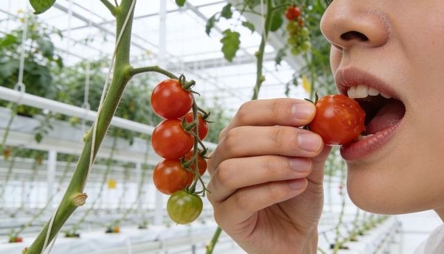 Woman eating fresh cherry tomato direct from hydroponic vine in bright greenhouse
