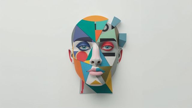 Vibrant abstract geometric art head sculpture on display