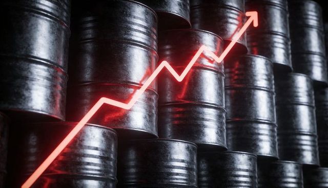 Stacking Metal Oil Barrels Reflecting Neon-Red Rising Arrow Signaling Price Surge