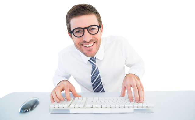 Friendly businessman with glasses typing at keyboard isolated, on transparent background - Download Free Stock Videos Pikwizard.com