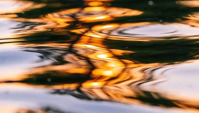Golden ripples reflecting sunrise light on pond surface abstract water texture