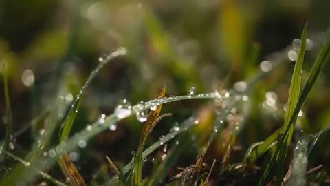 Macro video of dew-laden grass blade bending and glistening with soft morning bokeh