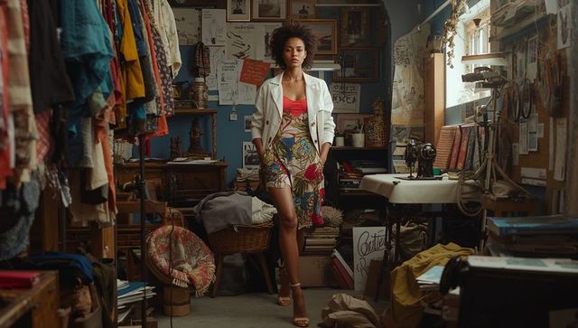 Female fashion designer in creative atelier with floral skirt