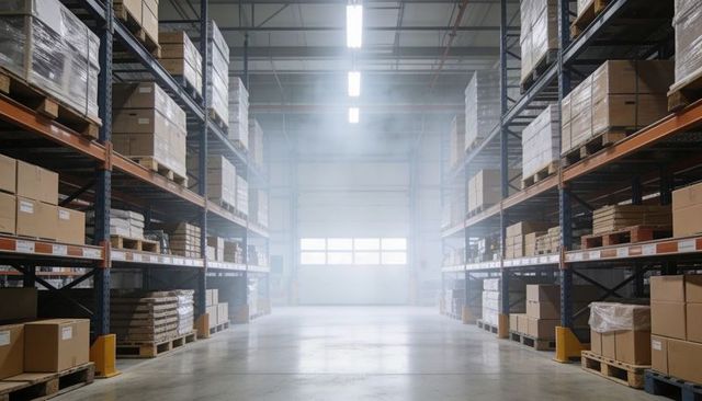 Industrial warehouse aisle showing pallet racking, stacked boxes and roll-up door