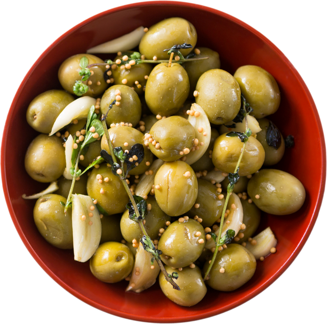 Transparent Bowl of Marinated Green Olives with Garlic and Herbs - Download Free Stock Videos Pikwizard.com