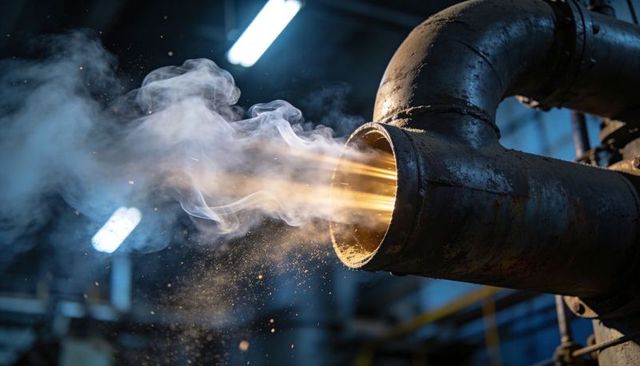 Rusty industrial pipe releasing hot exhaust plume with sparks in dim factory interior