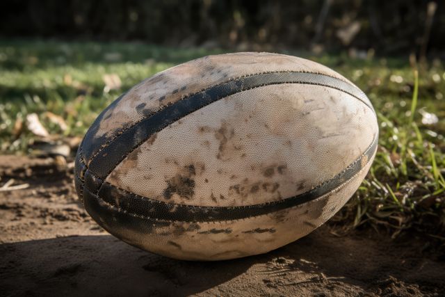 Close up of white nad black rugby ball on grass at sunset, created using generative ai technology. Rugby, sports and competition concept digitally generated image.