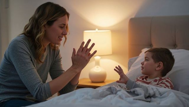 Mother and Son Hand-Clapping by Lamp in Cozy Bedroom