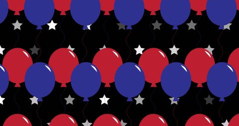 Patriotic red and blue balloons with stars on black background