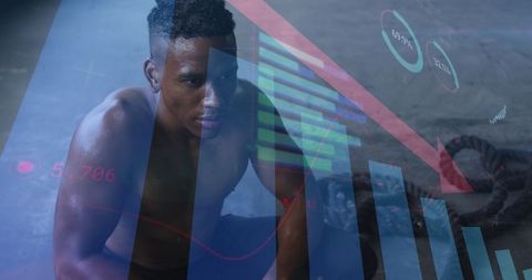 Tired athlete surrounded by performance data visualization