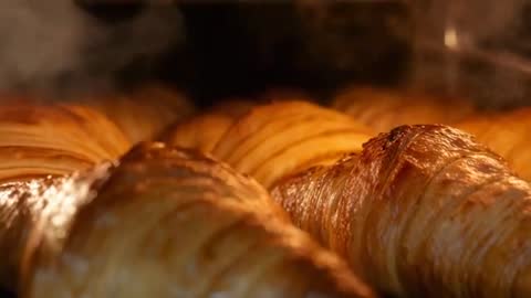 Browning Croissants Swelling on Oven Rack with Rising Steam Closeup of Flaky Lamination