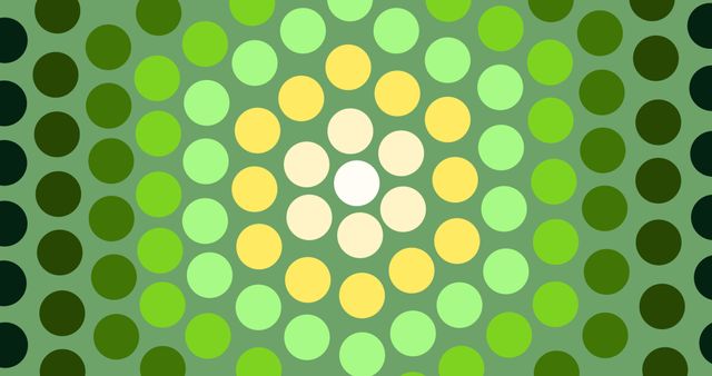 This abstract pattern features concentric circles of green and yellow dots, radiating from the center and creating a visually striking geometric design. Suitable for use in modern art prints, backgrounds for web design, interior decor accents, and graphic design elements.