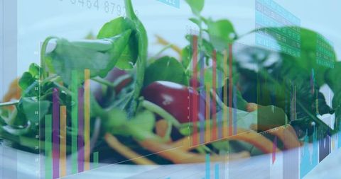 Blending salad with data overlays for nutrition analytics and food industry insights