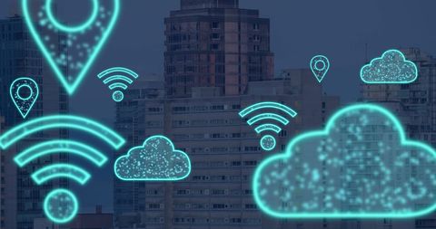 Digital Cloud Icons Float Above Urban Skyline - Download Free Stock Images Pikwizard.com