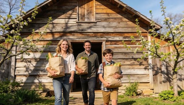 Sunlit family walking from weathered barn carrying grocery bags with baguettes and fresh greens