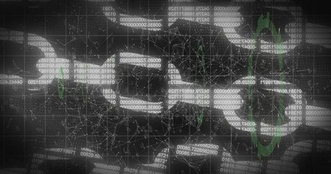 Futuristic blockchain network concept with interlocking chain links, code panels and nodes