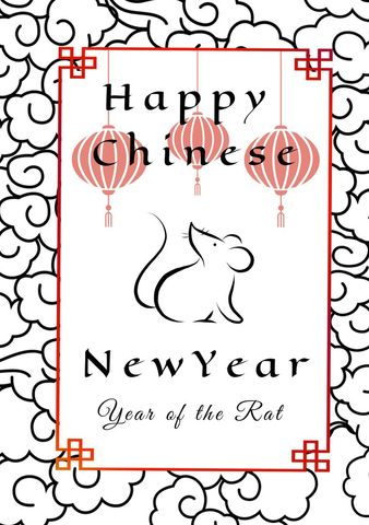 Chinese New Year Celebration Card with Lanterns and Rat Design