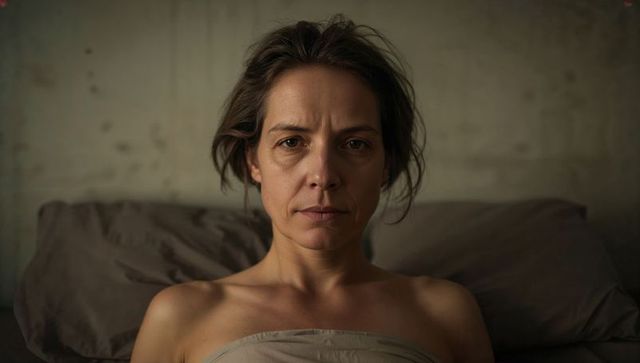 Middle-aged woman sitting in bed gazing at camera, intimate moody portrait in warm beige