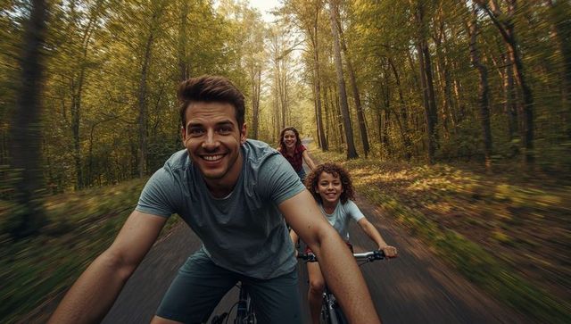 Joyful Family Cycling Through Scenic Forest Path