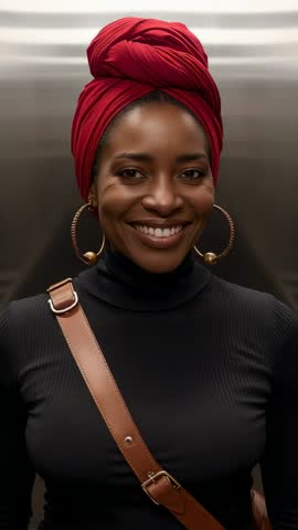 Smiling woman standing in elevator wearing red headwrap and crossbody bag | Vertical clip