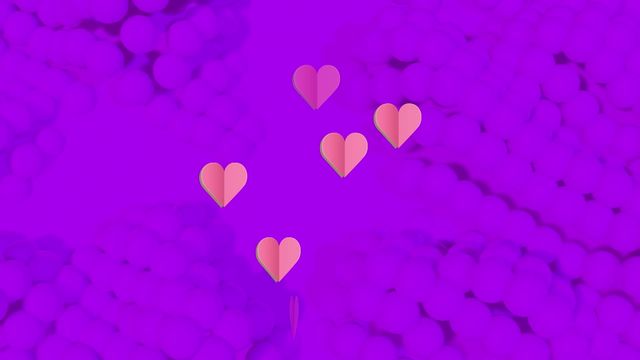 Vibrant digital artwork featuring animated pink hearts over a textured purple background with circular shapes. Ideal for use in romantic-themed designs, animated greeting cards, digital banners, or social media posts that require a cheerful and modern touch.