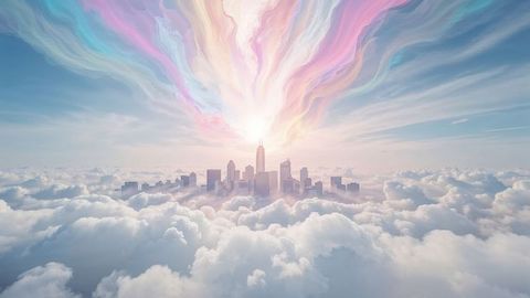 Ethereal cityscape amid radiant clouds and pastel streaks