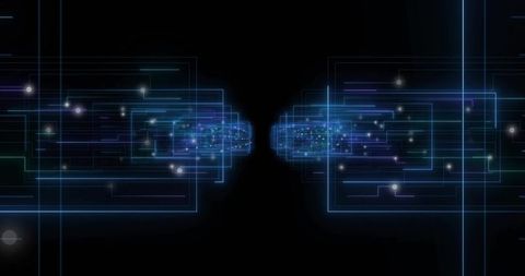 Pulsing Mirrored Circuit Clusters Converging in Neon Digital Void for Futuristic Data Flow