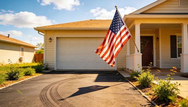 American flag fluttering on porch pole casting shadow over driveway with tire marks