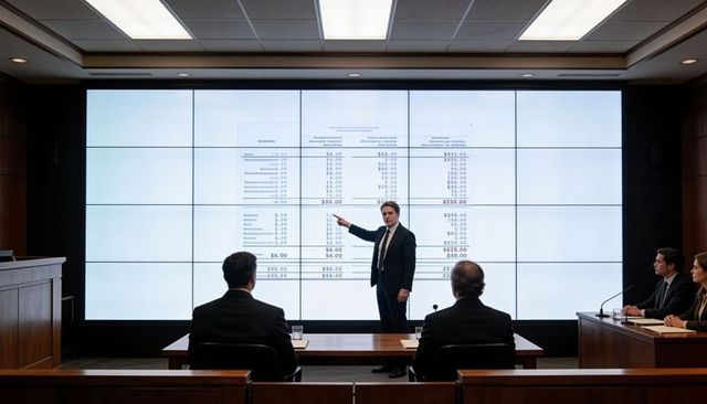 Corporate lawyer presenting financial evidence on large videowall during formal hearing