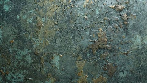 Peeling paint revealing rusted metal with turquoise patina and cracked texture