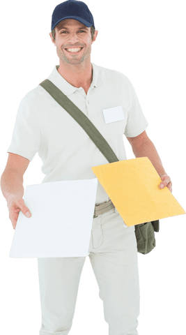 smiling courier man handing over package and envelope transparent background - Download Free Stock Videos Pikwizard.com
