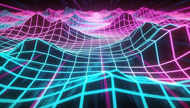 Neon wireframe landscape undulating across synthwave horizon with cyan magenta grid