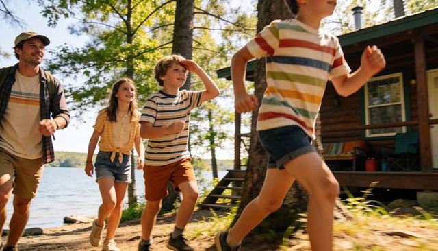 Family running along lakeside trail by cabin summer adventure with kids and father