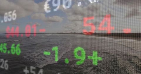 Digital stock market overlay on scenic coastal landscape