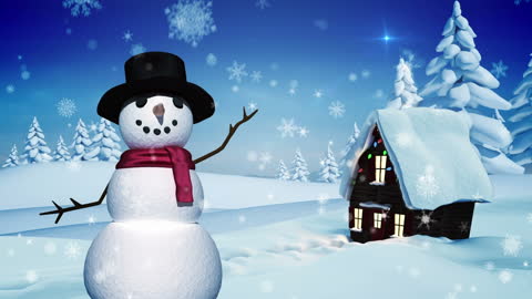Cheerful Snowman in Winter Wonderland with Snowfall