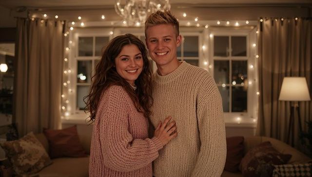Cozy smiling couple in sweaters with glowing string lights