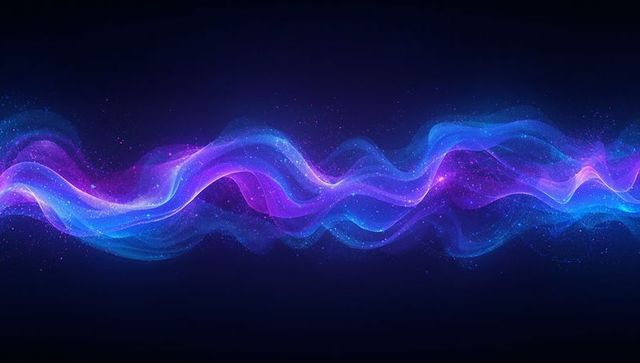 Flowing neon cosmic ribbon in purple and blue lighting dark space with sparkling particles