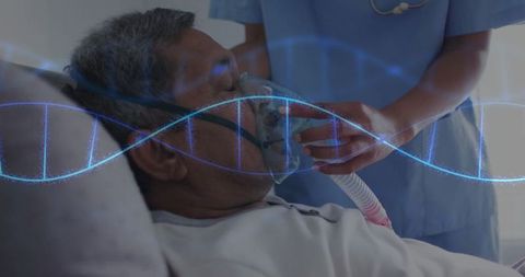 Nurse Adjusting Oxygen Mask for Elderly Patient in Clinical Setting with DNA Illustration