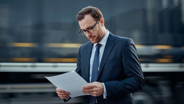 Executive reading documents at rail platform with motion-blur train in urban commute