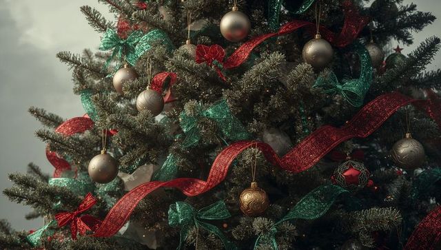 Festively decorated christmas tree with baubles and ribbons