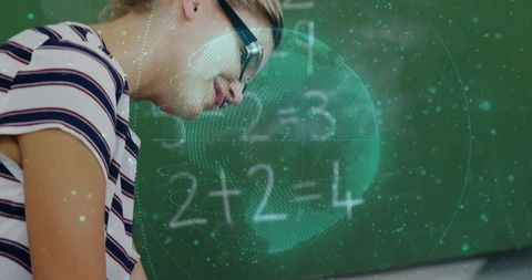 Student in glasses solving math equations with hologram globe